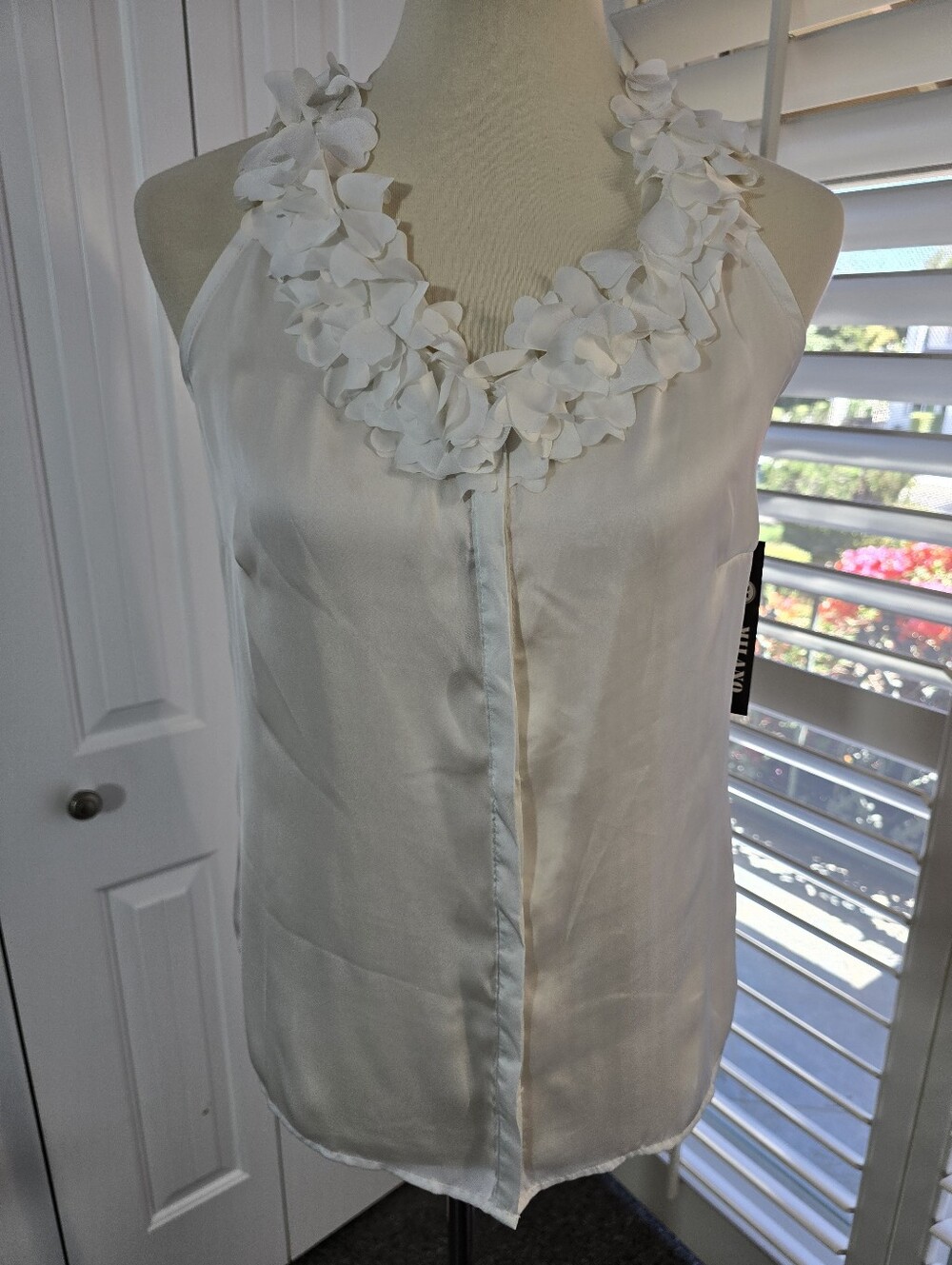 Floral Trim White Button Front Halter-Style Women's Top (NWT)